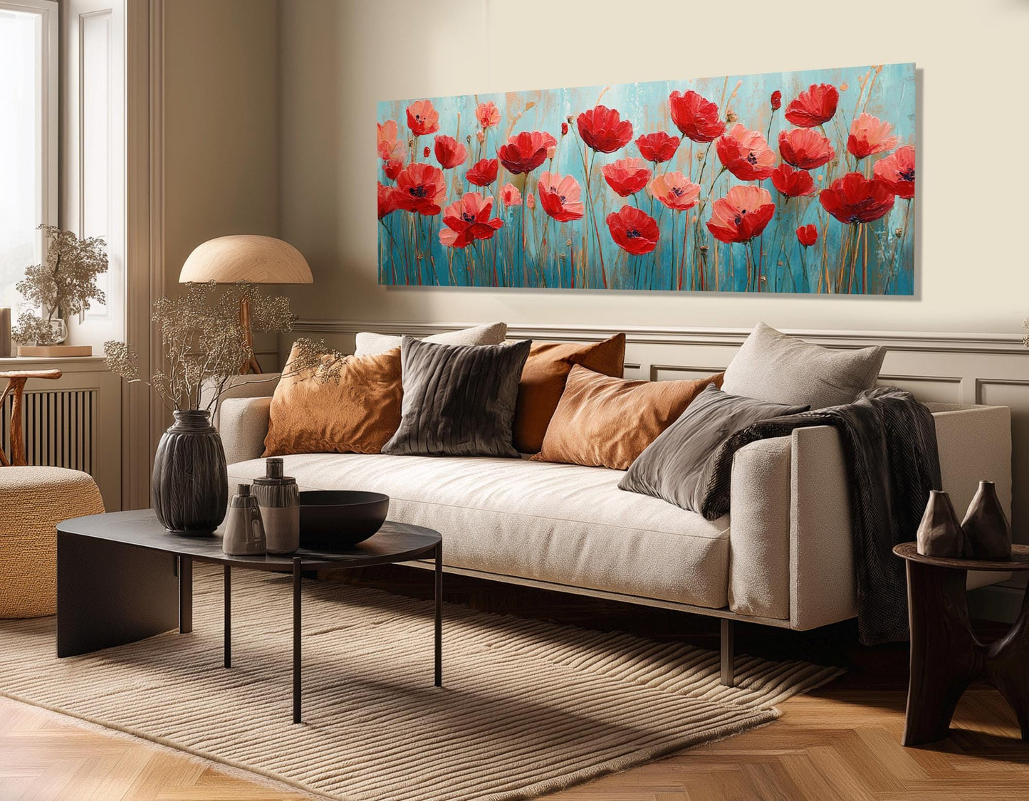 Field of Poppies Swaying in a Summer Breeze Canvas Print, Floral Wall Decor, Framed and Ready to Hang