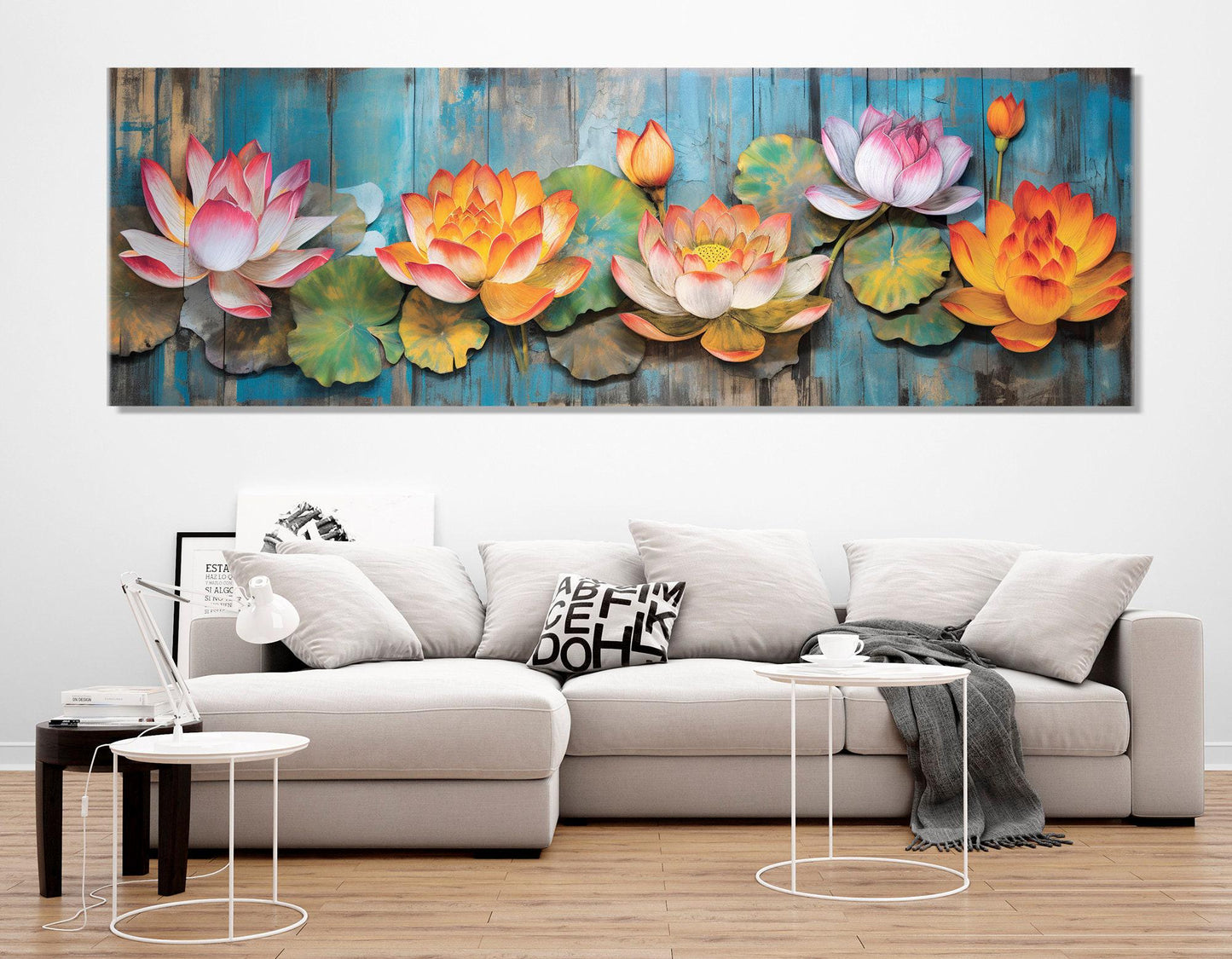 Abstract Lotus Canvas - Vibrant Floral Wall Decor With Wooden Background Painting
