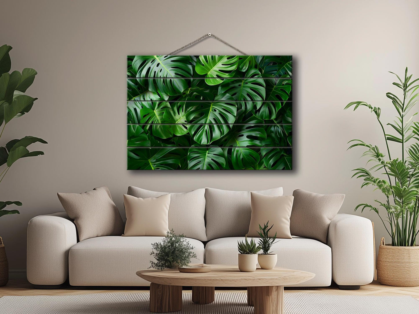 Wood Wall Art - Tropical Green Leaves Print on Natural Wood, Abstract Deep Green Wall Art, Tropical Wall Art, Modern Palm Leaf Print