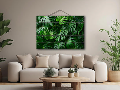 Wood Wall Art - Tropical Green Leaves Print on Natural Wood, Abstract Deep Green Wall Art, Tropical Wall Art, Modern Palm Leaf Print