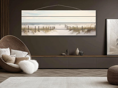 Beach Still Life Painting Print on Natural Wood – Coastal Wall Art