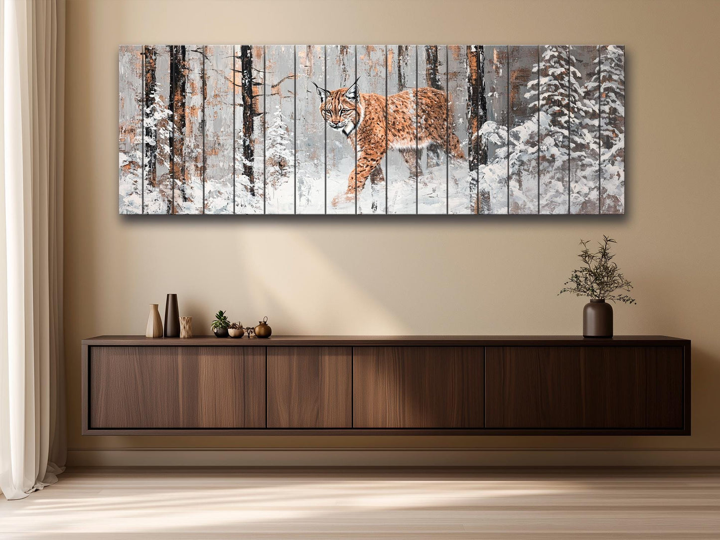 Lynx Wood Wall Art – Rustic Forest Animal Print on Natural Wood Planks