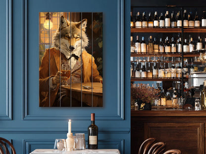 Wood Bar Wall Art – Wolf Bartender Artwork on Natural Wood Plank Print