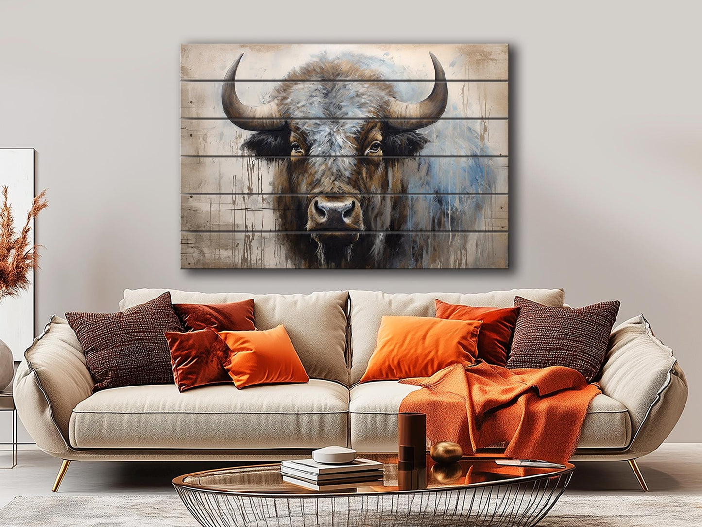 Rustic Wood Wall Art – Bison Abstract Painting on Wooden Planks | Farmhouse Decor