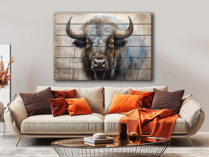 Rustic Wood Wall Art – Bison Abstract Painting on Wooden Planks | Farmhouse Decor