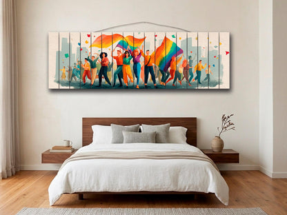 Pride Parade Print on Wood, Joyful LGBT Celebration Wall Art