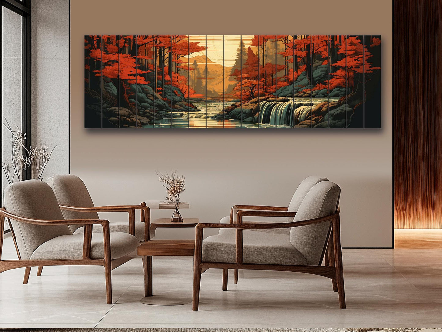 Rustic Autumn Wall Art - Wooden Waterfall Painting on Natural Wood Planks