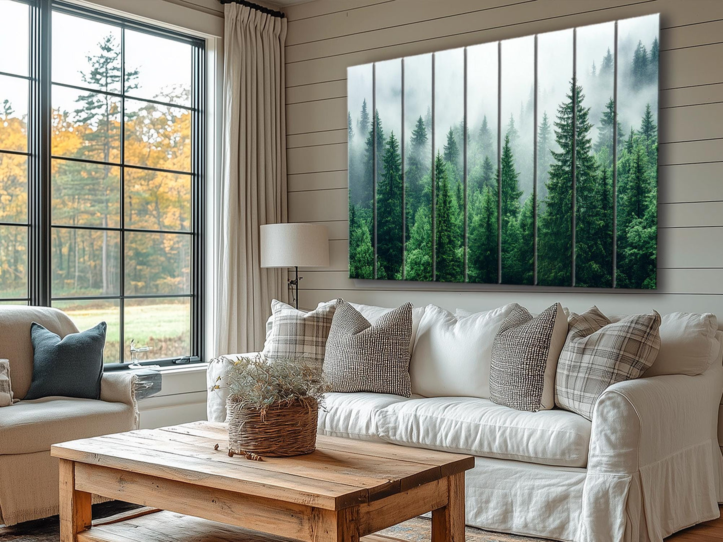 Rustic Wood Wall Art - Pine Forest Print on Natural Wood Planks | Misty Foggy Decor