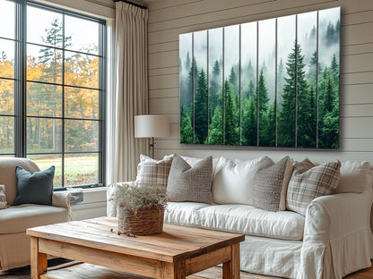 Rustic Wood Wall Art - Pine Forest Print on Natural Wood Planks | Misty Foggy Decor