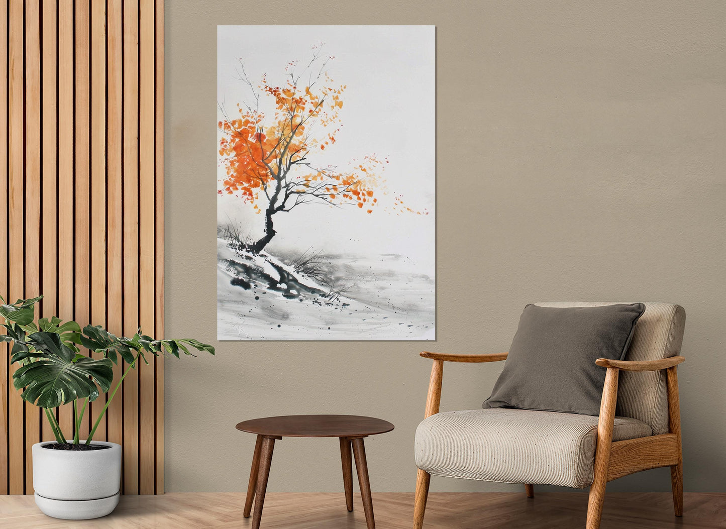 Minimalist Autumn Tree Painting – Japanese Wall Decor | Framed Canvas Art Ready to Hang