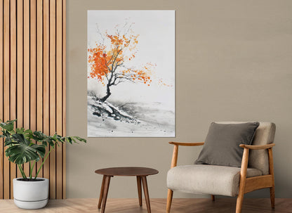 Minimalist Autumn Tree Painting – Japanese Wall Decor | Framed Canvas Art Ready to Hang