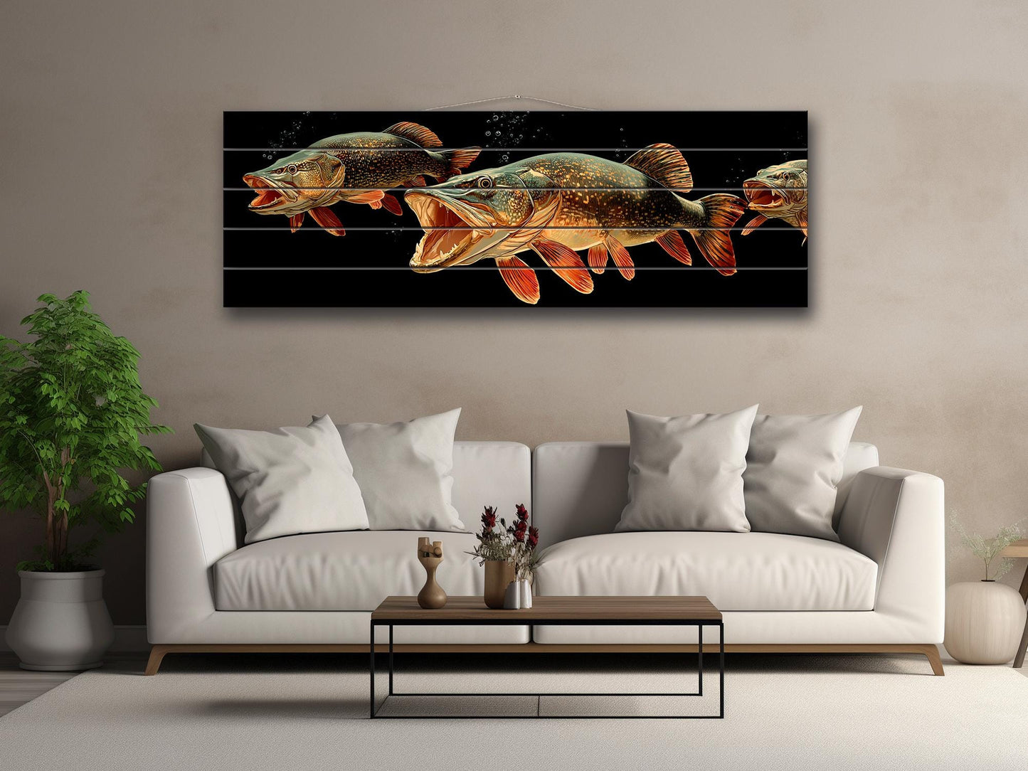 Pike Fish Wall Art | Rustic Fishing Decor – Predator Fish Artwork on Natural Wood Print