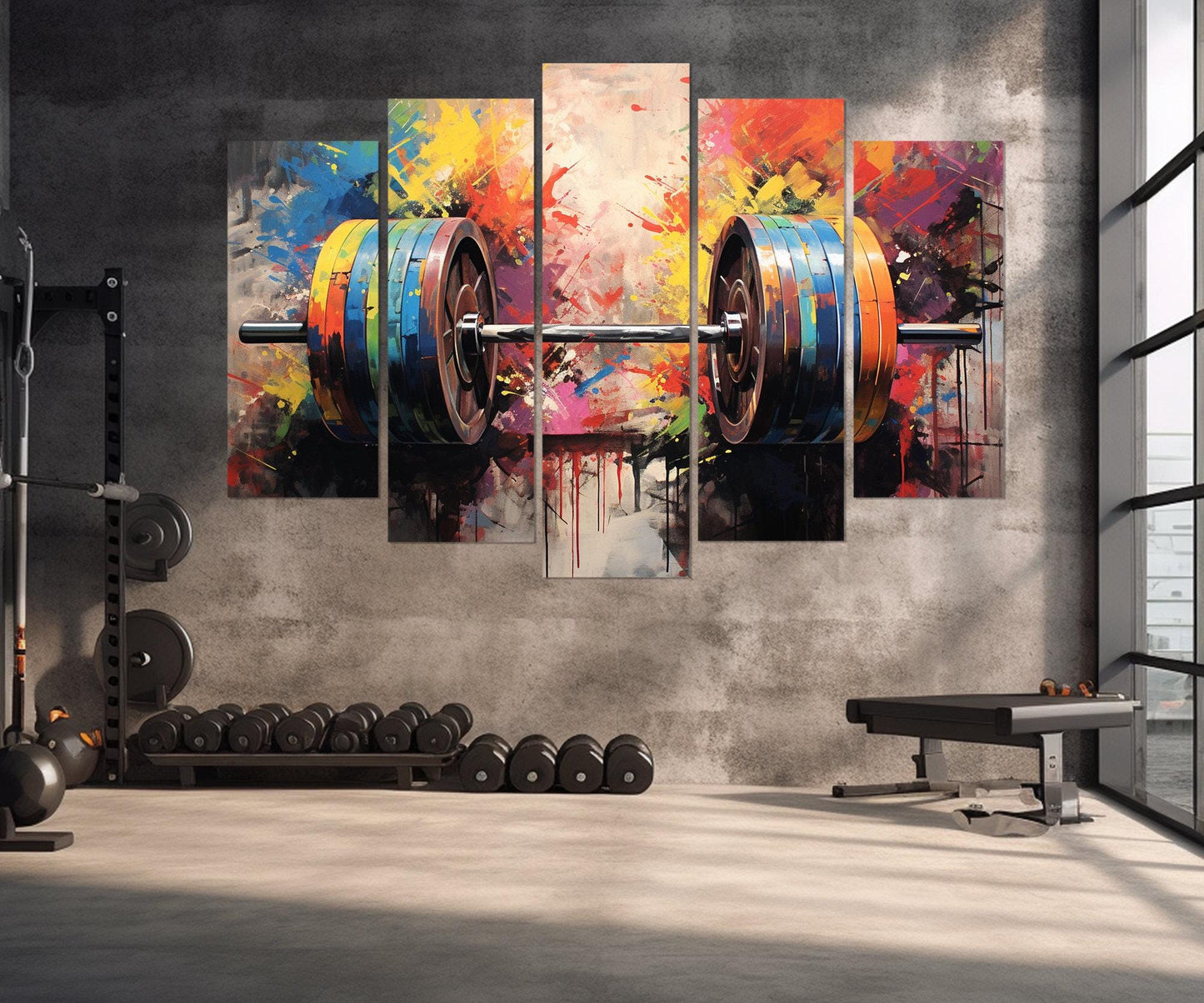 Abstract Barbell Painting - Framed Gym Wall Decor | Workout Canvas Art 24x16 to 54x36