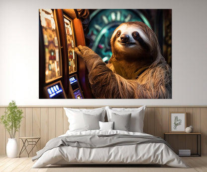 Sloth Canvas Print – Casino Wall Art | Slot Machines Decor | Framed Canvas Art Ready to Hang