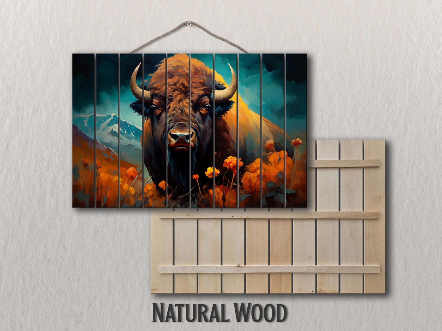 Rustic Wood Wall Art – Bison Abstract Painting on Natural Wood Planks