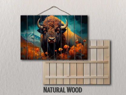 Rustic Wood Wall Art – Bison Abstract Painting on Natural Wood Planks