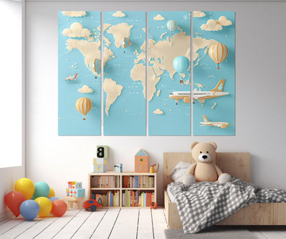 Kids World Map Canvas - Framed Educational Wall Art for Children's Room Decor