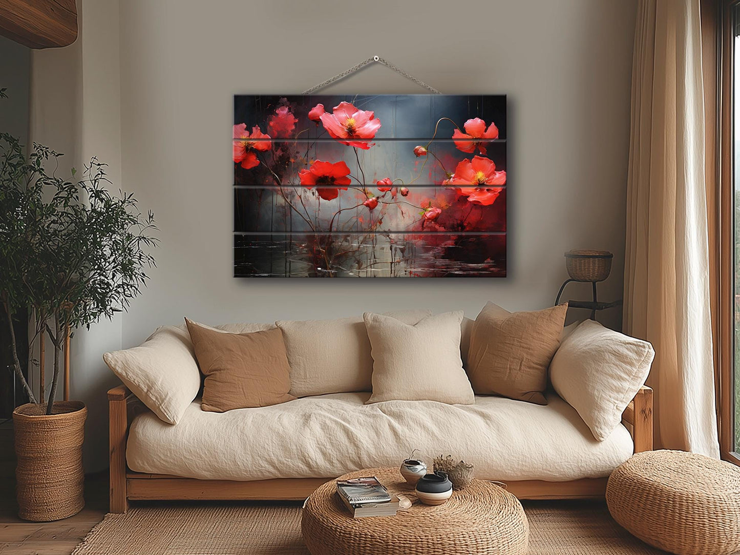 Wood Wall Art – Abstract Floral on Natural Linden Planks | Rustic Farmhouse Style