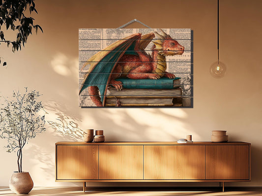 Dragon Book Print on Wood – Vintage Fantasy Wall Decor, Victorian Style Wall Art