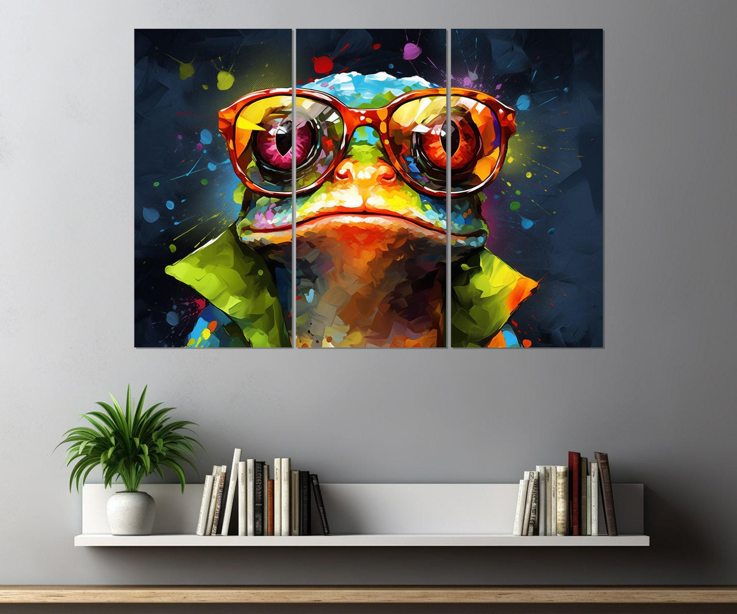 Frog in Glasses Abstract Painting Canvas Print, Teen Room Decor, Nursery Wall Art, Animals Wall Art, Framed and Ready to Hang
