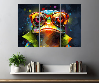 Frog in Glasses Abstract Painting Canvas Print, Teen Room Decor, Nursery Wall Art, Animals Wall Art, Framed and Ready to Hang