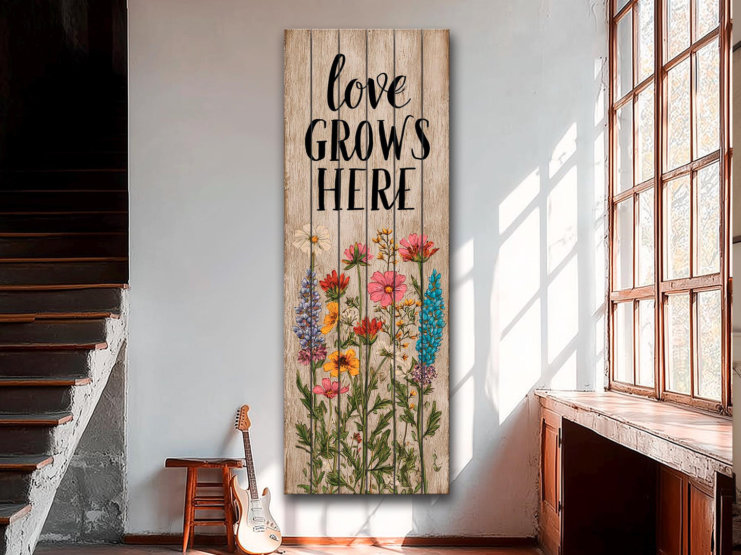 Rustic Wood Wall Art – Love Grows Here Sign With Wildflower Farmhouse Decor