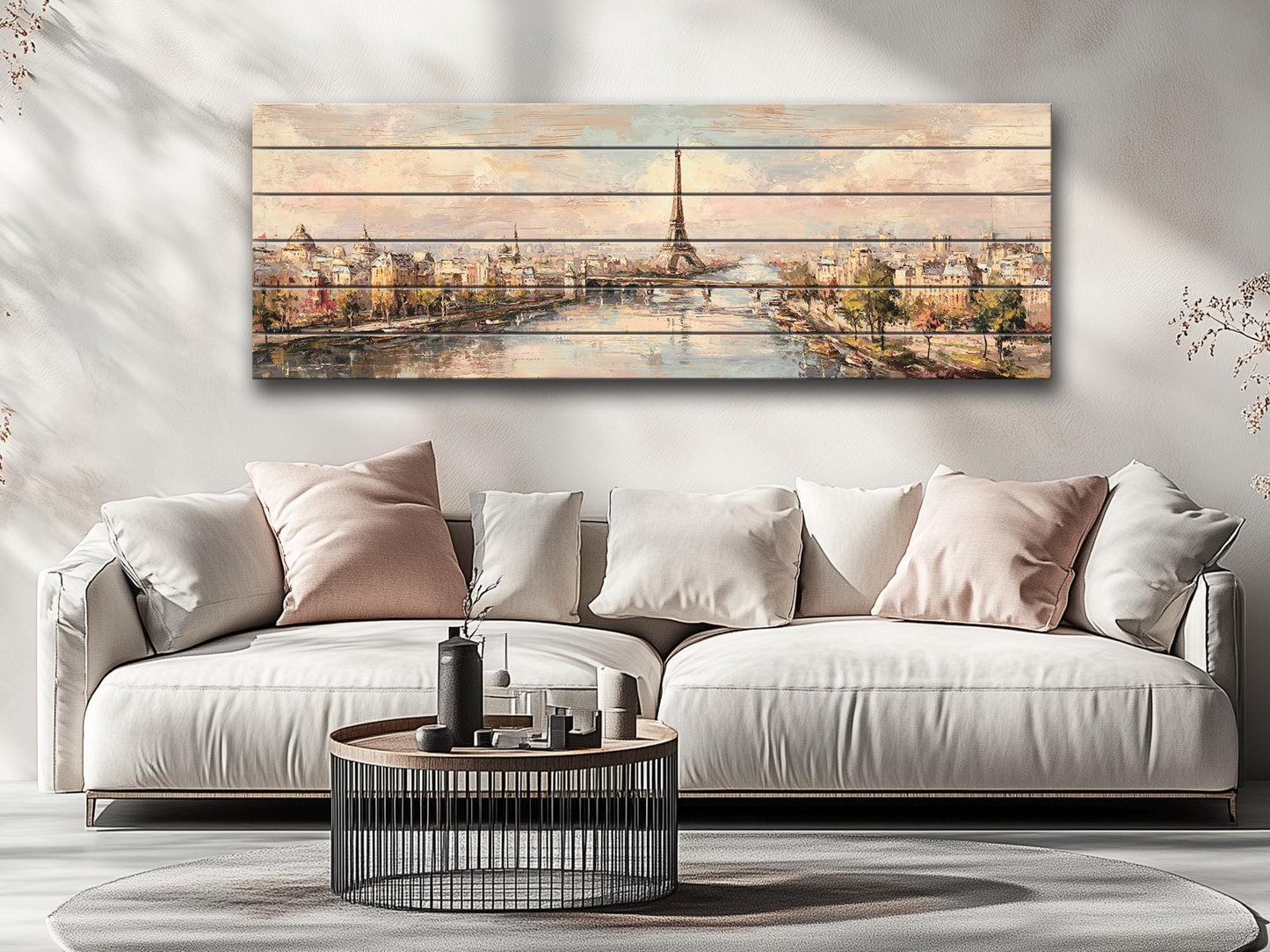 Paris Wall Art – Eiffel Tower Painting on Rustic Wood | Beige Pastel Oil Print