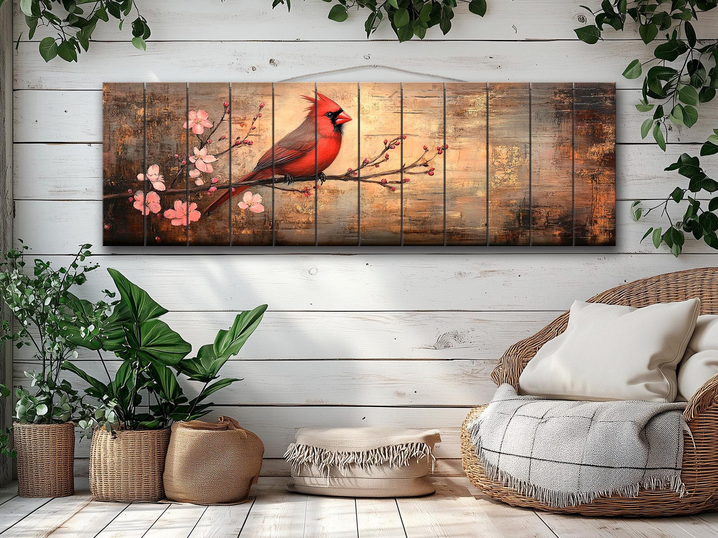 Cardinal Wood Wall Art – Rustic Red Cardinal Painting on Natural Wood Print