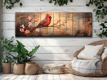 Cardinal Wood Wall Art – Rustic Red Cardinal Painting on Natural Wood Print