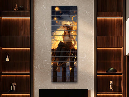 Dreamy Woman Painting | Natural Wood Print - Fantasy Wall Art with Warm Golden Tones