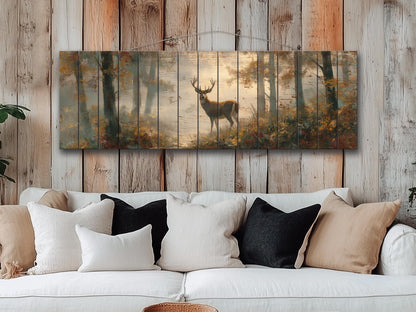 Rustic Wood Wall Art - Majestic Deer in a Misty Enchanted Forest Print on Natural Wood, Soft Tones Deer Wall Art, Hunting Cabin Wall Decor