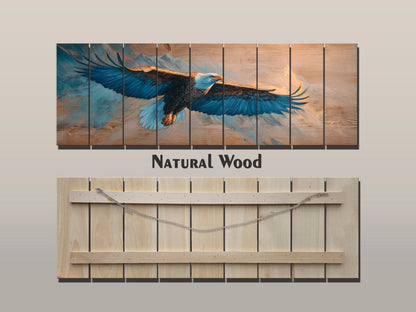 Majestic Eagle Soaring Over Mountain Peaks Print on Natural Wood, Eagle Painting, Birds Wall Art, Rustic Eagle Wood Wall Art, Eagle Print