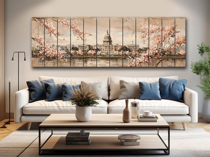 Washington DC Wood Print – Rustic Cityscape Wall Art With Capitol Cherry Blossoms