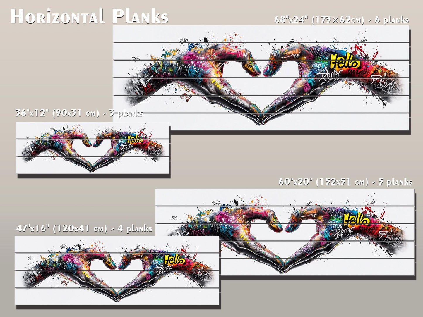 Heart Graffiti Style Painting Printed On  Natural Wood – Peace And Love Wall Art
