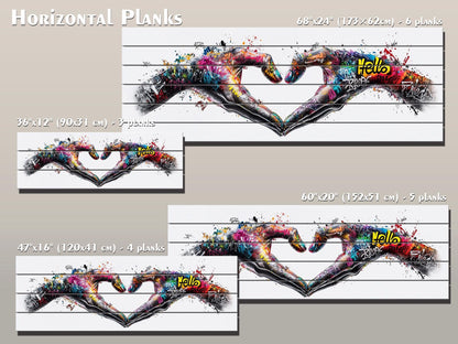 Heart Graffiti Style Painting Printed On  Natural Wood – Peace And Love Wall Art
