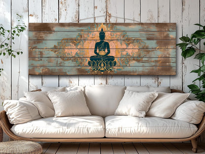 Wood Wall Art - Peaceful Buddha Print on Natural Wood, Buddhist Wall Art, Large Buddha Painting, Buddhist Gift, Rustic Buddhist Wall Decor