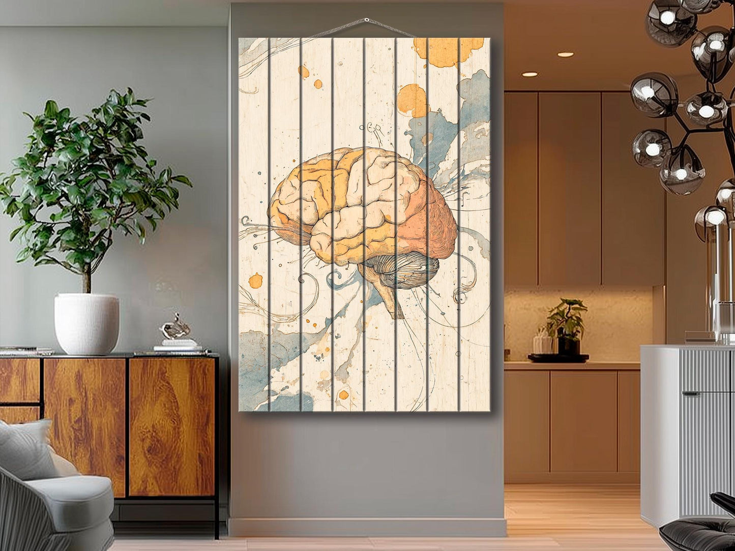 Rustic Wood Wall Art – Abstract Mind Print on Natural Wood Texture | Therapist Office Decor