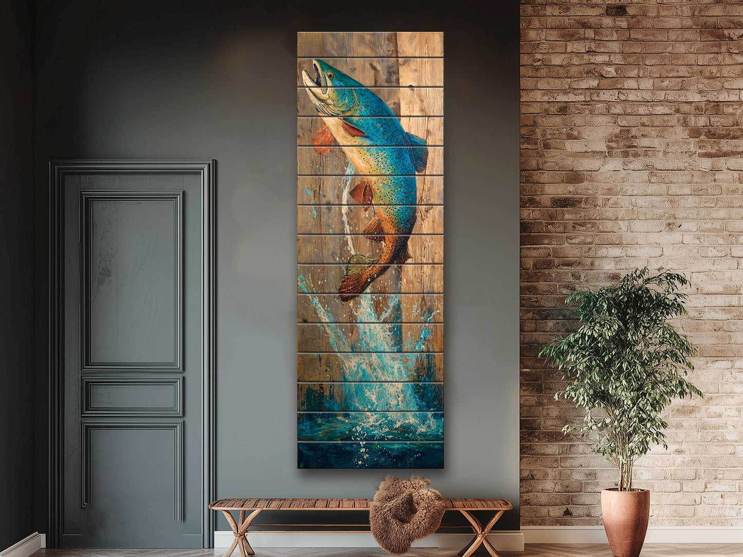 Rustic Wood Wall Art - Trout Painting Print on Wood – Fishing Wall Decor – Leaping Fish Print on Natural Wood