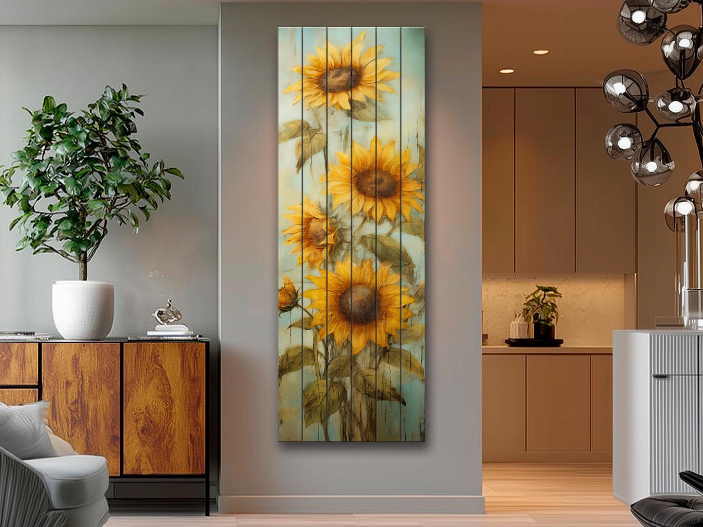 Rustic Wood Wall Art – Sunflower Wall Decor on Natural Wood Plank Art