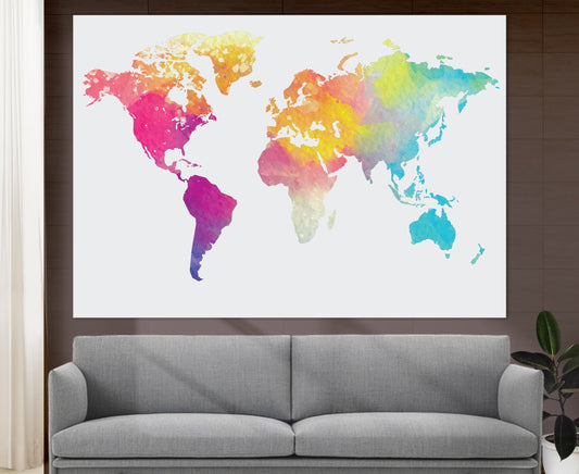 Watercolor World Map Large Canvas Print – Abstract Wall Art, Modern Office Decor