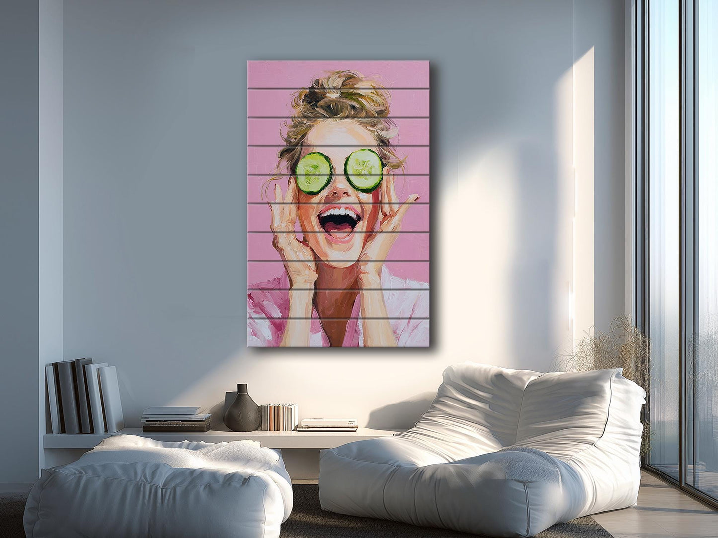 Spa Print Wood - Blonde Woman Cucumber Spa Print on Natural Wood Wall Art