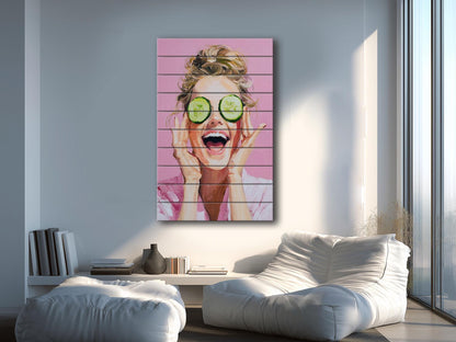 Spa Print Wood - Blonde Woman Cucumber Spa Print on Natural Wood Wall Art