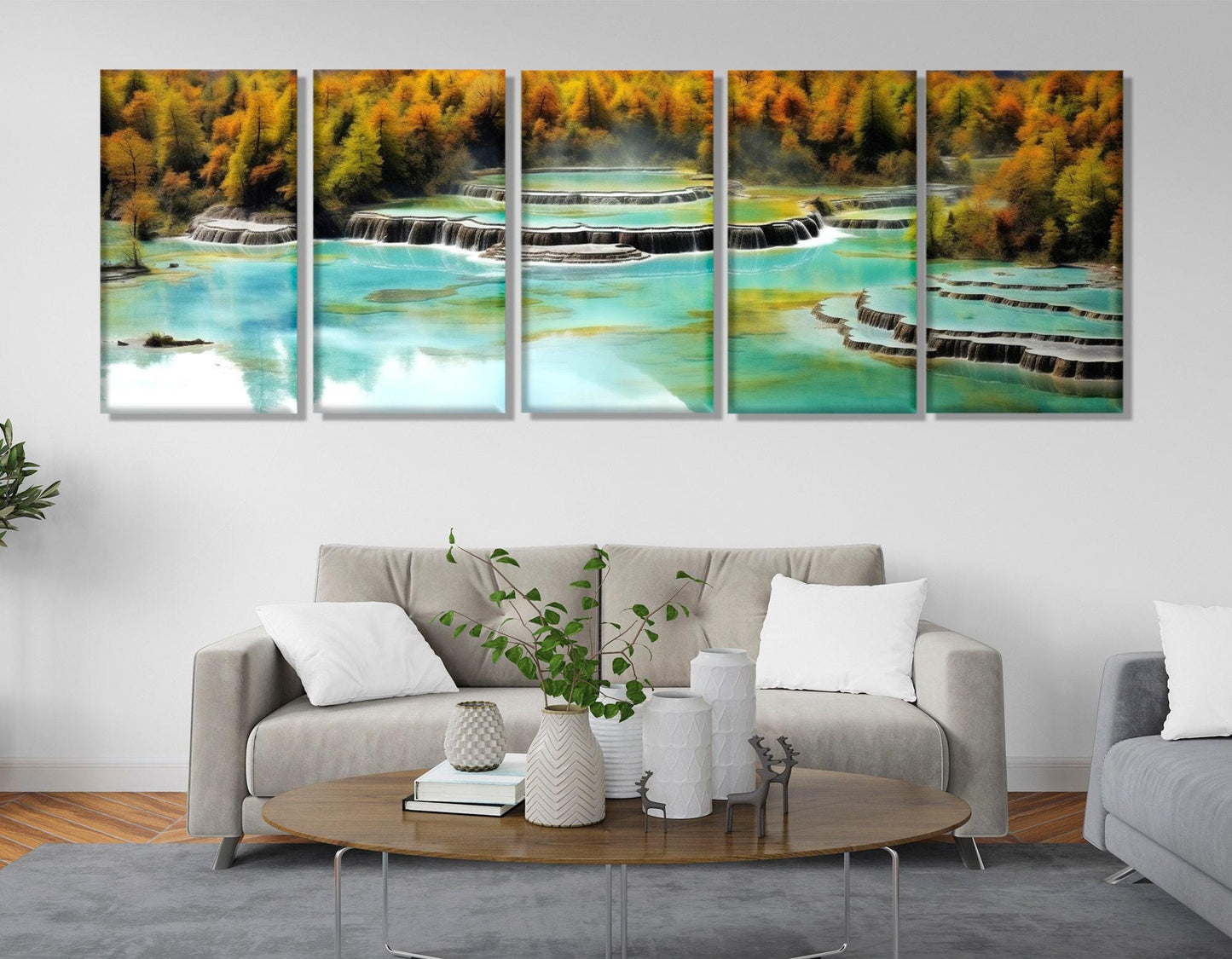 Huanglong Valley Canvas Print – Five Color Ponds Framed Wall Art, Large Asian Nature Painting