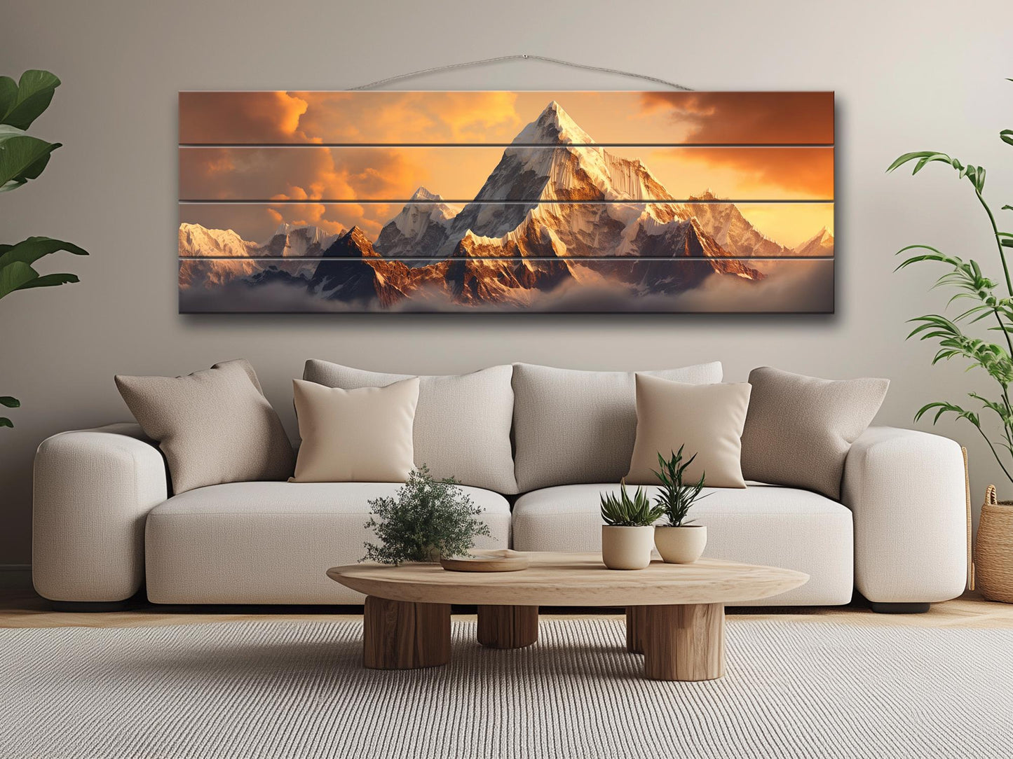 Everest Sunset Painting - Rustic Wood Wall Art With Warm Wood Texture