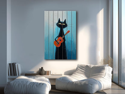Cat Wood Wall Art – Rustic Siamese Cat Print with Ukulele on Natural Wood