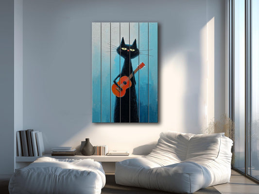 Cat Wood Wall Art – Rustic Siamese Cat Print with Ukulele on Natural Wood