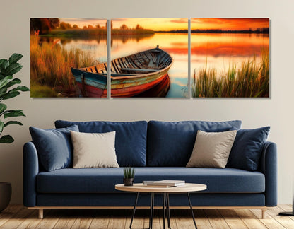 Wooden Boat Canvas Print – Scenic Sunset Lake Painting | Framed & Ready to Hang