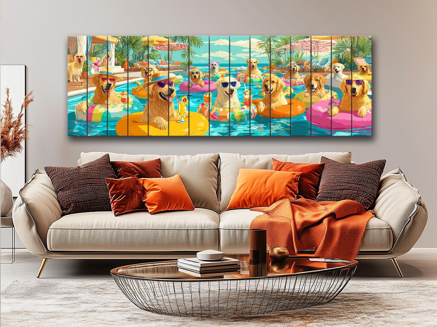 Golden Retriever Wall Art – Playful Pool Party Dog Print on Rustic Wood