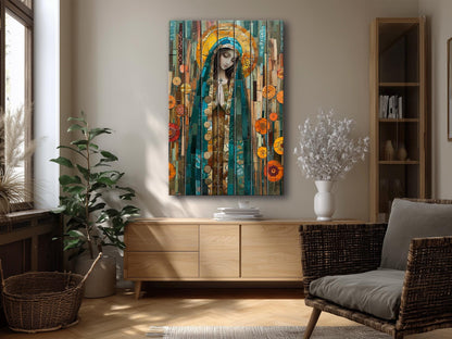 Saint Maria Wood Art – Natural Wood Print | Mosaic Religious Wall Decor