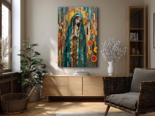 Saint Maria Wood Art – Natural Wood Print | Mosaic Religious Wall Decor